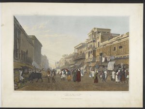 1826年の「カルカッタとその周辺の景色」からの、チットポア・ロードに通じるバザールの景色（手描きのアクアティント）