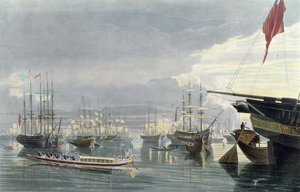 ロバートハヴェルザヤンガー（1793-1878）（アクアチント）によって彫刻された1837年スミスドック近くからの川、海運、カルカッタの町の眺め