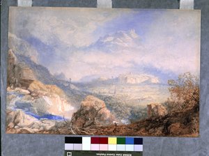 Vale do Ródano com a cidade e a cidadela de Sion, na Suíça (aquarela e guache sobre papel off-white)