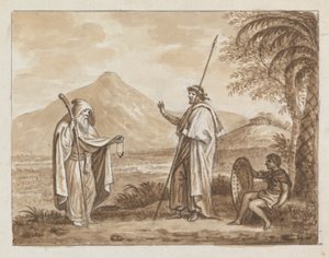 古典的な風景の中の老人、戦士、少年