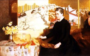 屏風と金魚を持つ女（画家の母の肖像 作： James Cadenhead