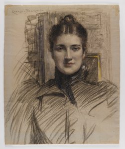 ミニークラークの肖像画、1890年代（灰色がかった青の紙に色鉛筆またはパステルが付いた木炭） 作： James Carroll Beckwith