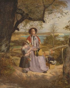 縦かまちのそばの母と子、遠くにワイト島のカルバークリフ 作： James Collinson