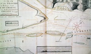 ジェームズ・クック（1728-1779）が1758年から1763年の間に描いたケベック近郊、オルレアン島付近のセント・ローレンス川の横断ルートの地図、カナダ 作： James Cook