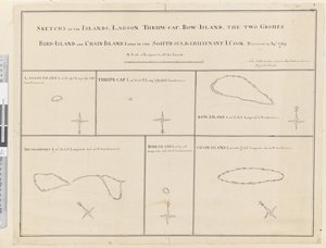 iii.1769年4月に発見された南海の島々、ラグーン、スラム・キャップ、ボウ・アイランド、二つのグループ、バード・アイランド、チェーン・アイランドのスケッチ。 作： James Cook