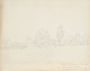 1843年、ペンシルベニア州サスケハナのダーウェント湖にあるメインハウス氏（クリーム色の紙の上にグラファイト） 作： James David Smillie