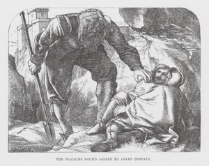 巨大な絶望によって眠っているのを発見された巡礼者たち（エングレーヴィング） 作： James Dawson Watson