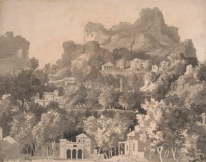 Paisagem rochosa com edifícios clássicos