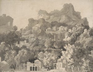 クラシックな建物のある岩だらけの風景、1745年頃（ペンとインク、紙にウォッシュ） 作： James Deacon