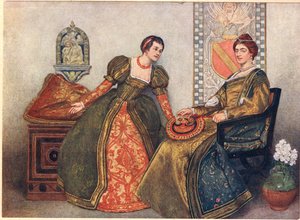 ポーシャとネリッサ、「ヴェニスの商人」、1910年頃のイラスト