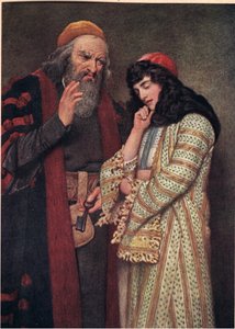 シャイロックとジェシカ、「ヴェネツィアの商人」、1910年頃のイラスト 作： James Dromgole Linton