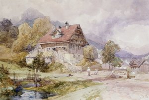 シャレー、噴水、ルツェルン湖 作： James Duffield Harding