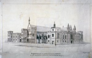 1825年頃、ロンドンのウェストミンスター・ホールに隣接する建物の改築のための提案。               作： James Duffield Harding