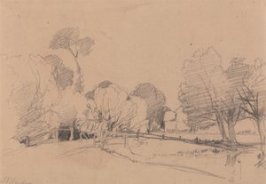 小川のそばの柳、馬とカートの横断橋 作： James Duffield Harding