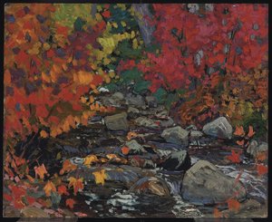 秋の紅葉、バチェワナ、アルゴマ、1919年頃（木材とパルプの複合ボードに油彩） 作： James Edward Hervey Macdonald