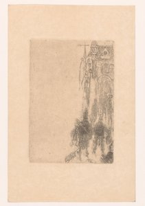 肉や魚を持ってゲートに向かって歩く人物 シャルル・ヴォスのメニュー 作： James Ensor