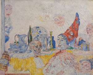 黄色いローブのピエロと骸骨 作： James Ensor