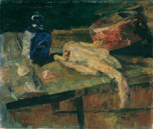 青い瓶とむき鶏のある静物 作： James Ensor