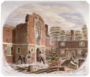 1851 年、ロンドン、サザークのセント ピーターズ病院を取り壊す男たち 作： James Findlay