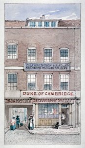 1840年頃、シティ・オブ・ロンドンのシュー・レーンにあるケンブリッジ公爵の酒場の様子。                     作： James Findlay