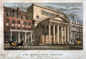 1821年、ロンドンのウェストミンスターにあるヘイマーケット劇場の眺め。                                             作： James Findlay