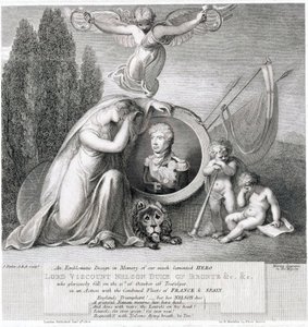 亡き英雄ホレイショ・ネルソン子爵（1758-1805）を偲ぶ象徴的な絵 作： James Fittler