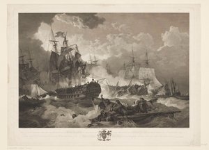 スラグ ビー カンパードゥイン、1797 年 1797 年 10 月 11 日の行動で、ダンカン提督の指揮下にある北海のイギリス戦隊がオランダ艦隊に対して獲得した勝利 (オブジェクトのタイトル) 作： James Fittler