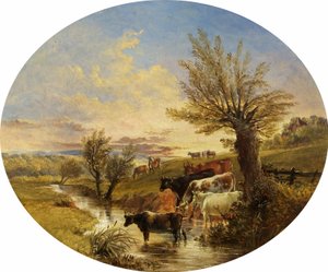 小川と牛のいる風景、1888 作： James Flewitt Mullock