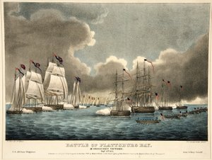 プラッツバーグ湾の戦い：マクドノウの勝利、パブ。 1840（手描きの彫刻） 作： James Fuller Queen