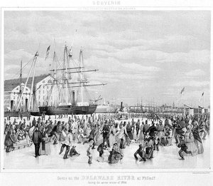 1856年の厳冬期のフィラデルフィアのデラウェア川の風景、1860年頃（リトグラフ）（モノクロ写真）