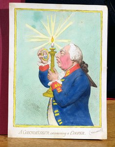新しい革命を恐れているクーパー、ジョージIII（1738-1820）を調べている鑑定家は、パブであるクロムウェルの肖像画をじっと見ています。ハンナ・ハンフリー作、1792