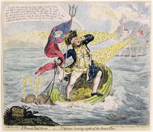 フレンチヘイルストーム、またはブレスト艦隊の視界を失うネプチューン、1793年にハンナハンフリーによって発行された（手描きのエッチング）