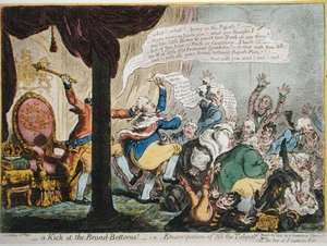 広いお尻を蹴って!- ハンナ・ハンフリーが1807年に出版した「すべての才能」の解放（アクアチントを施した手彩色の銅版画） 作： James Gillray