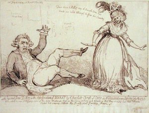1793 年 7 月 13 日にノルマンディーのカーンのシャルロット コルデー (1768-93) による、S.W. 1793年の森（エッチング） 作： James Gillray