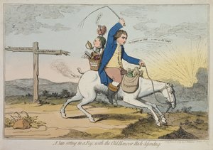 1783年にJ.ウィリアムズによって発行された、古いハノーバーハックを擁護する霧の中の太陽の設定（手描きのエッチング）