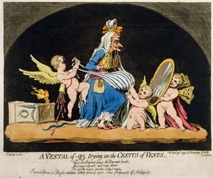 1793年にハンナハンフリーによって発行された、金星のセスタスを試着する-93のヴェスタル（アクアチントを使った手描きのエッチングと彫刻）