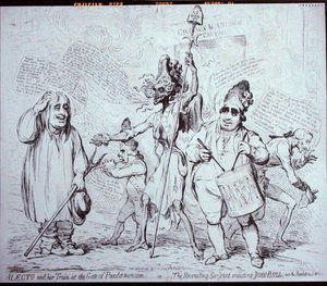 1791年にS.W.Foresによって出版された『パンデモニウムの門のアレクトとその列車』、または『ジョン・ブルを革命軍に入隊させる徴兵軍人』（エッチング） 作： James Gillray
