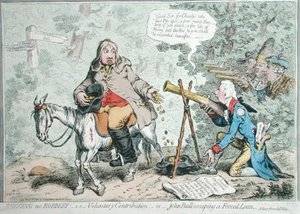 ハンナ・ハンフリーが1796年に出版した「物乞いのない強盗：自発的な寄付、または強制的な融資から逃れるジョン・ブル」（手彩色のエッチング） 作： James Gillray