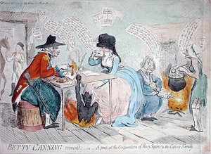1791年にJ.M.Fobesが出版した『Betty Canning revived, or A peep at the conjuration of Mary Squires & the Gypsey Family』（手彩色エッチング）。 作： James Gillray