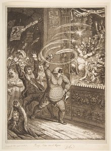 ピクニックを吹き飛ばす」「人形を襲うハーレクイン・キホーテ」は、1802年4月2日、トッテン・ビデオ。 作： James Gillray