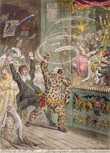 1802年にハンナハンフリーによって出版された、Pic Nicの爆破、または人形を攻撃するHarlequin Quixotte（アクアチントを使った手描きのエッチング）