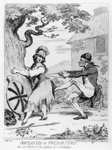 1793年にハンナ・ハンフリーが出版した「フランスに留まるブリタニア、または憲法を犠牲にした再形成」（エッチング 作： James Gillray