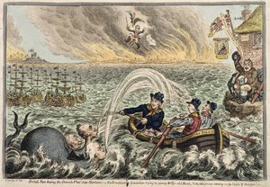 イギリスのタールがデンマークの艦隊を港に牽引している、またはブロードボトムのリヴァイアサンがビリーの古いボートを押し流そうとしている、そして1807（手塗りのエッチング）