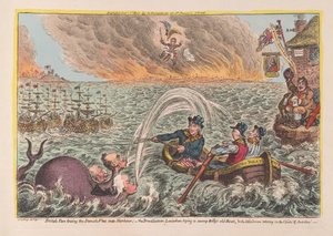 イギリスのタールがデンマークの艦隊を港に牽引している：ビリーズの古いボートを沼地に追い込もうとしているボラドの底のリヴァイアサン、および野望の雲でパブの小さなコルシカ島のよろめき。 1807（手彩色エングラ