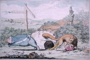 1782年にウィリアム・ハンフリーが出版した『Changing Places, or Fox stinking the Badger out of his Nest』（手彩色の銅版画）。 作： James Gillray