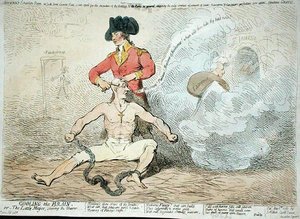 1789年にJ.エイトケンが出版した「脳を冷却する」または「シェーバーを剃る小さな市長」（手彩色のエッチング）。 作： James Gillray