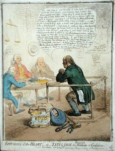 1795年にハンナ・ハンフリーがフィランソロピー協会のために出版した「心の吐露、または告白する鍛冶屋のジャック」（手彩色エッチング）。 作： James Gillray