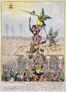 1807年にハンナハンフリーによって出版された選挙候補者、または極の頂上の共和党のガチョウ（手描きのエッチング） 作： James Gillray