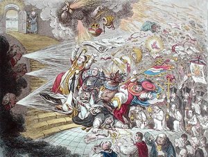 ハンナ・ハンフリーが1805年に出版した「アイルランドのカトリック解放の茶番劇」の終わり（手彩色のエッチング） 作： James Gillray