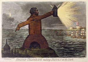 1795年にHannah Humphreyによって公開された暗闇の中のフランス語のテレグラフメイキングシグナル（アクアチントでエッチング）